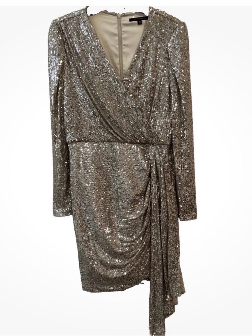 Alex Marie Silver Sequin Long Sleeve Wrap Style Dress